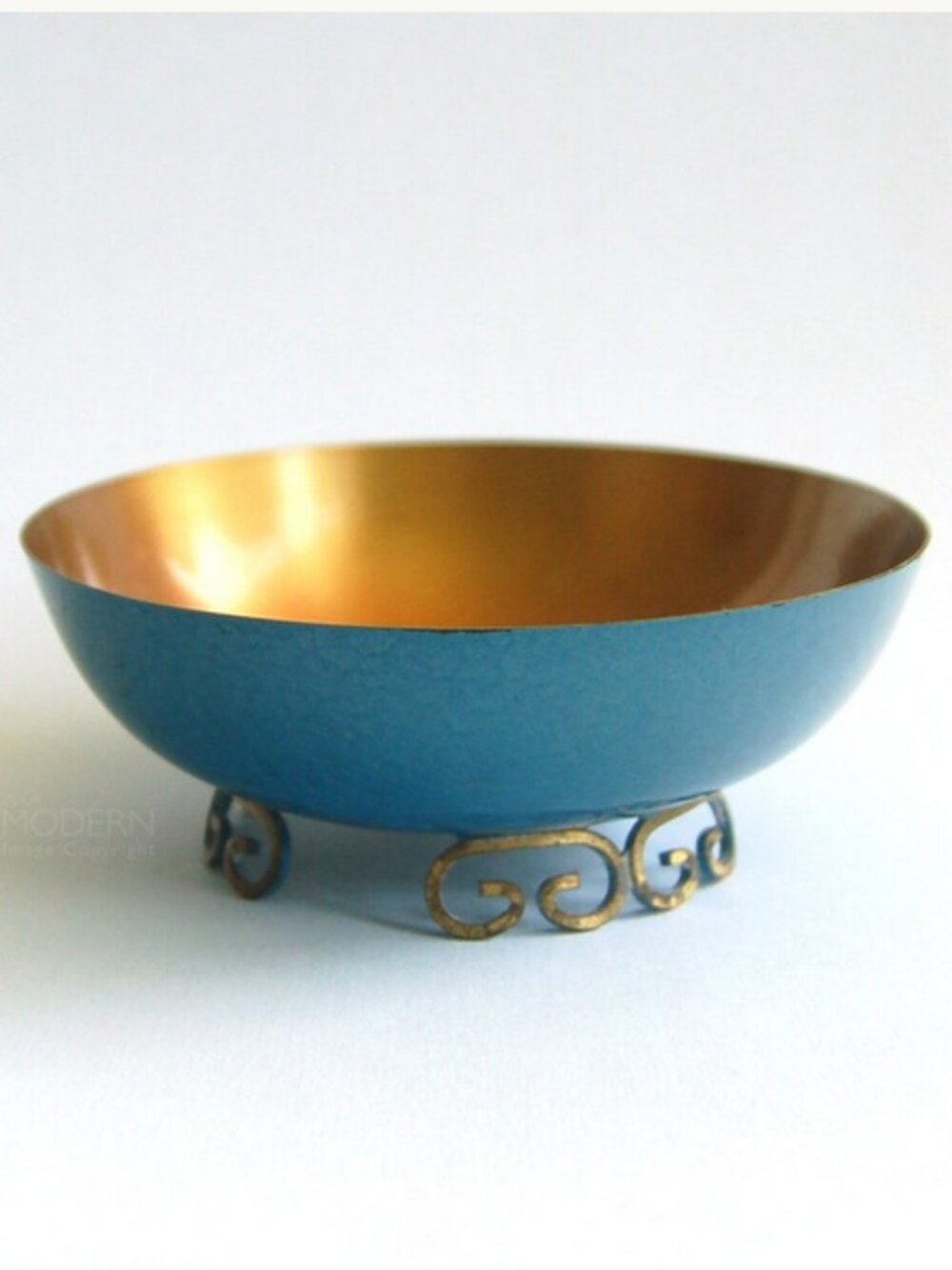 Vintage Blue Moire Glaze Enamel Footed Bowl by Kyes of Pasadena